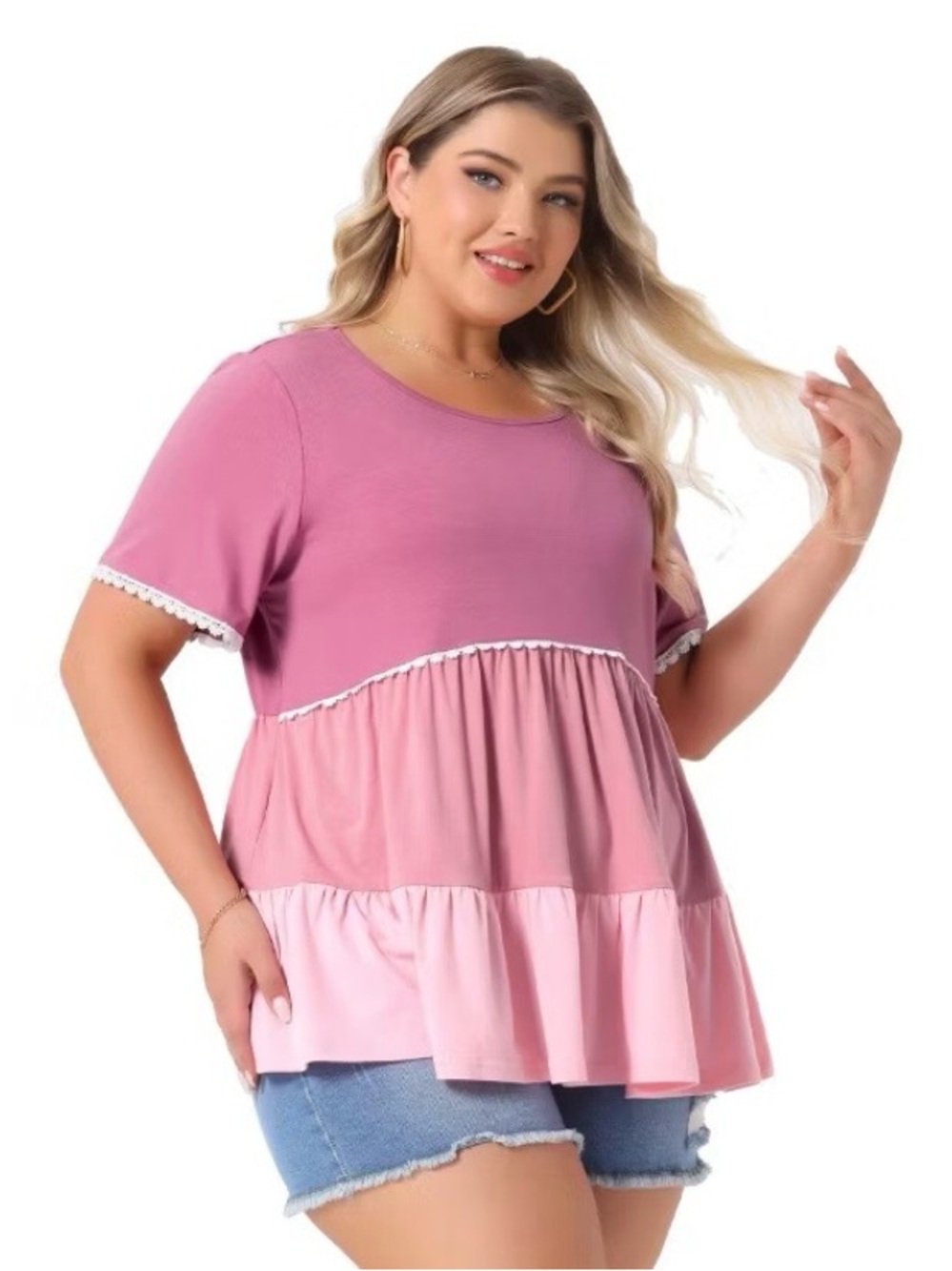 NWOT Agnes Orinda Size 3X Two-Tone Pink Tiered Babydoll Top